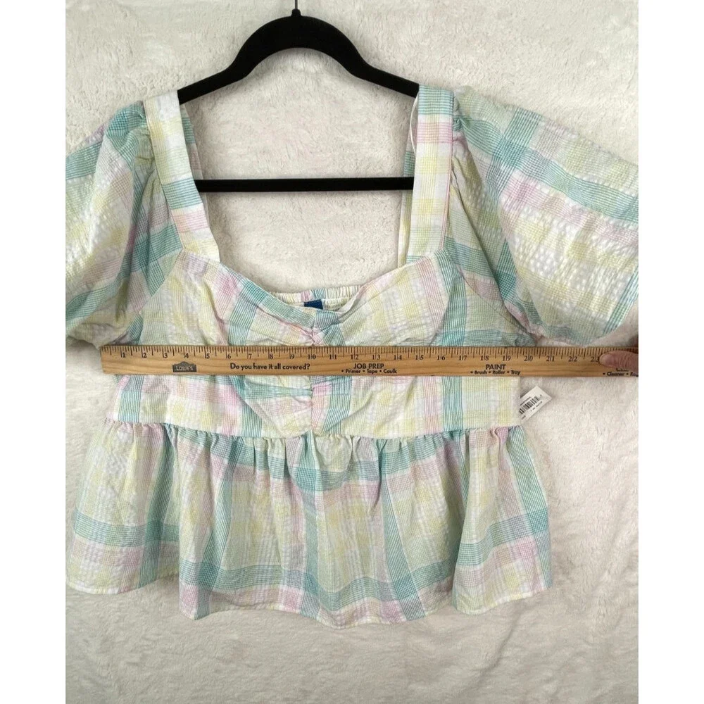Old Navy Womens 2X Pastel Plaid Top Puff Sleeve Smocked Back Ruffled Peplum NWT